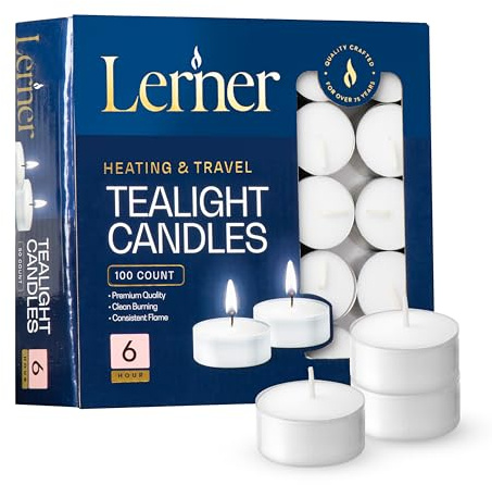 Lerner Tealight Candles, 100 Count| 6 Hours Long-Burning White Tea Light Candles| Non-Toxic, Smokeless & Soot-Free Tea Light Warmer Candles | Unscented Party, Décor, Shabbat Tea Candles