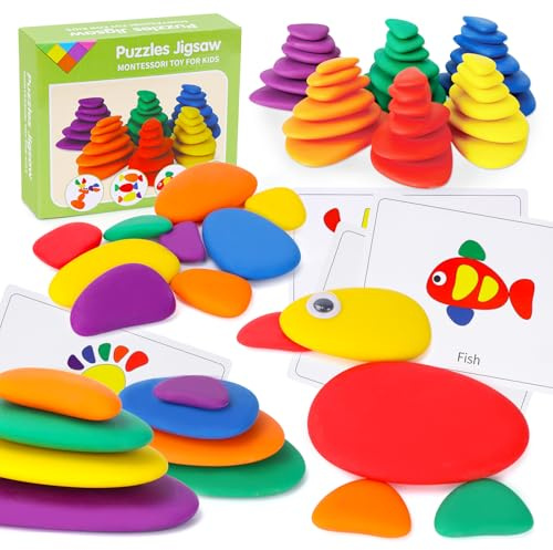 GiddyGlow Puzzles Jigsaw for Boy Girl Age 3: Montessori Toys for 3 4 5 Year Old Kids Toddlers Preschool Learning Toys Gift for Boy Age 3-6 Imitation Pebble Stacking Education Toy