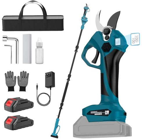 Secateur Electrique Sans Fil avec 2 Mètres Perche Télescopique, 40mm Sécateur électrique Professionnel, Coupe Branche Telescopique avec 2 x Batterie, pour Hedge, Arbre, Fruits