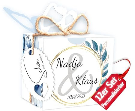 dockyardos® Gastgeschenke zur Hochzeit | 12 Stück | Personalisiert für Hochzeitsdeko | Geschenke für Hochzeitgäste | Geschenkschachtel | Geschenkbox für Gäste (Blau | Petunien)