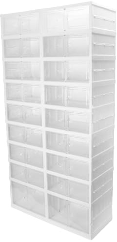Verda Schuhschrank, Schuhregal, Schuh Organizer aus Kunststoff mit magnetischer Tür, 9 Reihen, faltbar und stapelbar, Weiß, Transparente Schuhboxen Shoe Organizer Schuhboxen