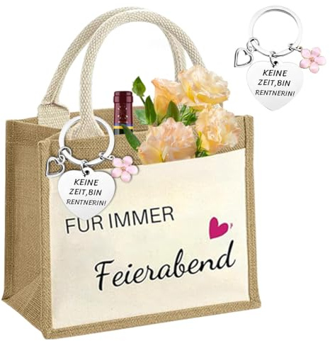 Wapasezyar Renteneintritt Geschenk Frau Jutetasche mit Schlüsselanhänger, Tasche aus Jute Stoff für Mütter Kollegin Ruhestand Frauen Rentner Geschenke
