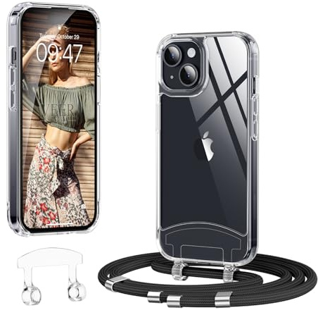 OLEPHY Handykette mit Band für iPhone 15 Hülle, Schwarz | Verstellbarem und Demontage Band, Transparente Case mit Kordel für Outdoor & Wanderungen | Freiheit für Hände,