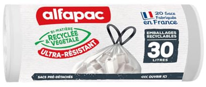 alfapac - 20 sacchetti per la spazzatura 30L a legame scorrevole - smistamento degli imballaggi riciclabili - trasparenti - fabbricati in Francia - Bimateriale riciclato e vegetale