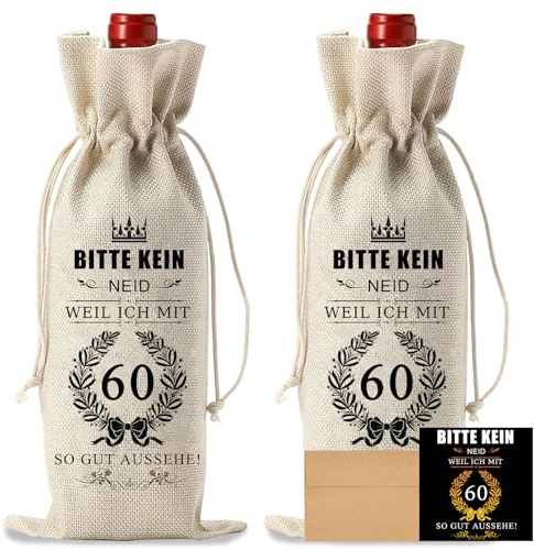 Weinflasche Tasche Jute,2 Stück 60 Geburtstag Weinflasche Tasche,Geschenktüten Flaschen mit Kordelzug,Jute Weinbeutel mit Kordelzug,Weinbeutel Wiederverwendbare Wein,für Frauen,Männer,Freunde