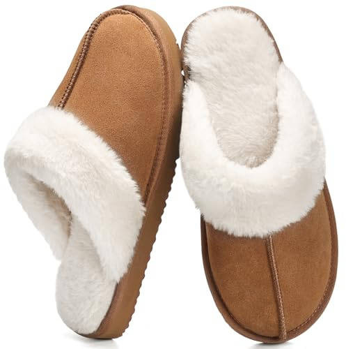 Fallzor Slippers for Women Faux Suede Round Toe Fluffy Slip On Warm Winter Ladies Slippers House Outdoor Comfortable Soft Lining Mule Slippers Gifts for Women