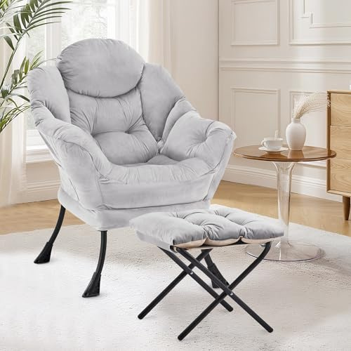 XH.Easy Go Lazy Chair mit Ottomane, Sessel Wohnzimmer Ohrensessel mit Hocker, Lesesessel Bequem Armchair Lounge Sessel mit Fußhocker, Relaxstuhl Relaxsessel mit Fußstütze, Seitentasche, Grau