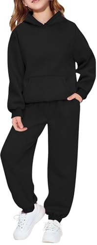 Kids Tracksuit Full Set for Boys Girls 2 Piece Sportwear Long Sleeve Oversized Hoodded Sweatshirts and Sweatpants Loose Tracksuit Bottoms Casual Jumper Gym Set Activewear (Black, 13-14 Years)