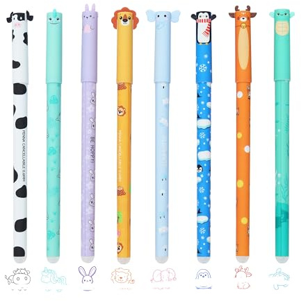 FloraVigo Lot de 8 gommes à effacer gel, motifs d'animaux, pointes de stylo, taches d'encre effaçables – noir, vert, violet, orange, rose, bleu, rouge, bleu clair, 0,6 mm de diamètre de pointe (animal