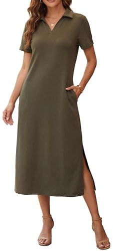 GRECERELLE Damklänning, elegant sommar som poloklänning, maxiklänning, ankellång med fickor, perfekt kontorsklänning för kontor och fritid, lättskött tyg, Armégrön, L