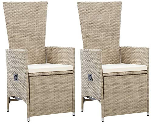 Owoxanthellate Poly Rattan Gartenstuhl klappbar 2er Set Beige 58 x 62 x 108 cm wetterfest Gartensessel verstellbar Cremeweiße Auflage für Terrasse Balkon Camping