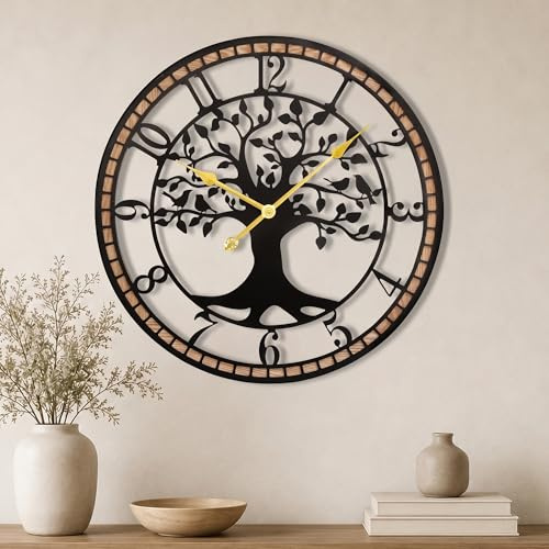 Blissio Wanduhr Groß,51/60/80CM Wanduhr Holz,Baum des Lebens und Holzrahmendesign,Stumm - Kein Tickendes Geräusch,für Esszimmer,Schlafzimmer,Küche,Büro,Wanduhr Wohnzimmer