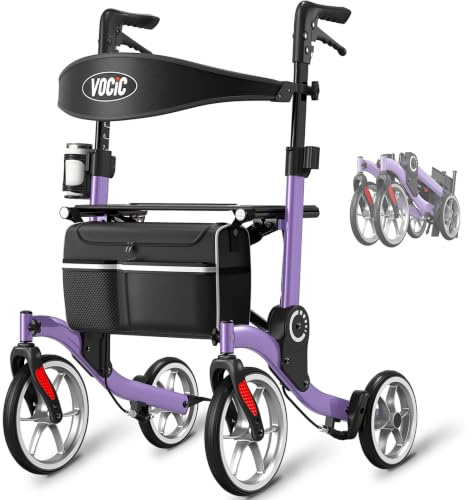 VOCIC Z36 Rollator Walker with Seat for Seniors, Only 6.8kg, 9.5 Wheels | Aluminum Foldable Walker with 136KG Capacity, Ultralight & Compact Rollator for Stable Indoor & Outdoor Use with Shopping Bag