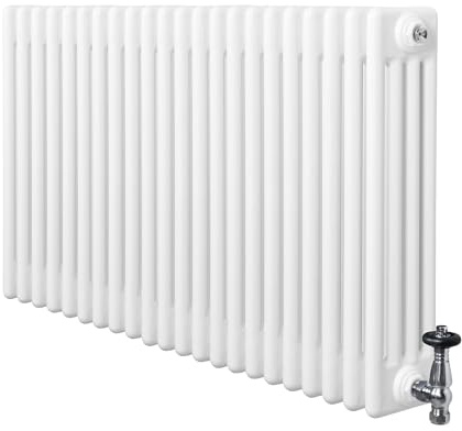 Radiatore Tradizionale a 4 Colonne 600 x 1010 mm & Valvole Orizzontale Acciaio al Carbonio Riscaldamento Centrale Design Classico Bianco con Kit Fissaggio e Spazzola Pulizia