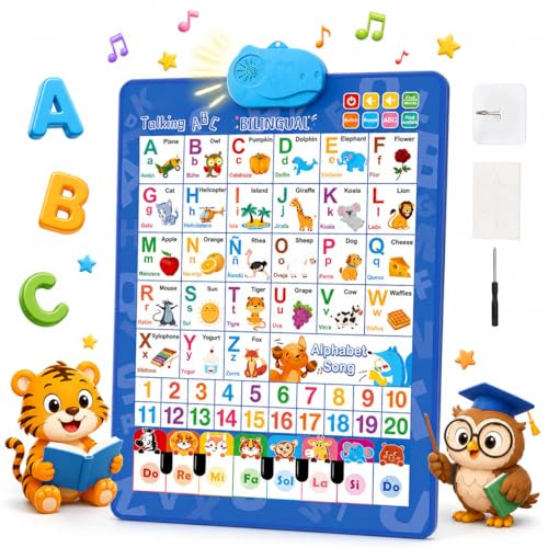 Tablero de Pared Parlante Bilingüe - Pizarra Educativa con Sonido y Abecedario para Niños, Póster Interactivo Español-Inglés con Animales, Juguete de Aprendizaje para Casa y Aula (Blue)