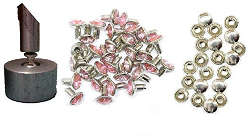 Weddecor 10 mm Rivet Réglage d'outils à main avec la lumière rose en acrylique Strass Diamante Rivet Studs - Accessoires de mode pour l'artisanat en cuir, vêtements de concepteur, (paquet de 50)