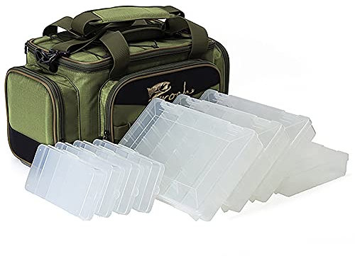 Croch Angeltasche mit Angelkoffer inkl. 8 Tackle Boxen für Angelgeräte und Angel Zubehöre mit Gürtel & Schultergurt Armee-Grün