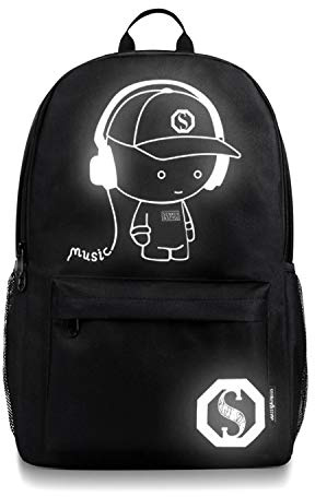 FANDARE Schulrucksack Galaxy Leuchtend Schultasche Junge Mädchen Rucksäcke Schulranzen mit USB Teenager Backpack Tagesrucksack Reise Daypacks Damen Herren Kinderrucksäcke Polyester Schwarz A
