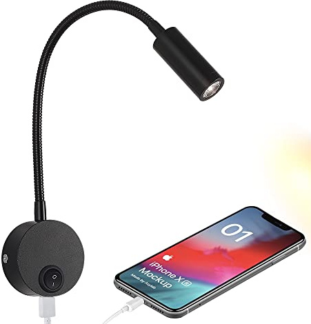WisHomee DC 12V Leselicht mit USB-Ladeanschluss, Wohnmobil Innenleuchten, Flexible LED-Leuchten, entwickelt für Auto, Van, Boot und Wohnmobil (Schwarz)