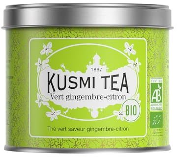 Kusmi Tea - Green Ginger Lemon - Ekologisk grönt teblandning med ingefära och citron - Att avnjuta varmt eller som iste - Teplåt i metall 100g - Rymmer ca 50 koppar