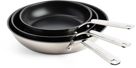 KitchenAid Stainless Steel PFAS-Free Ceramic Non-Stick 3-Piece Frying Pan Skillet Set 20 cm, 24 cm and 28 cm, Induction, Oven Safe, Silver