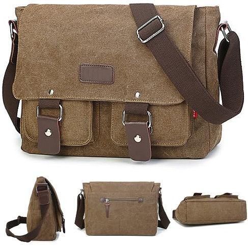 XFLYP Umhängetasche, Vintage Canvas Schultertasche Herren, Multifunktionstasche mit Verstellbarem Schultergurt, für Schule und Arbeits,für Männer und Frauen, Braun