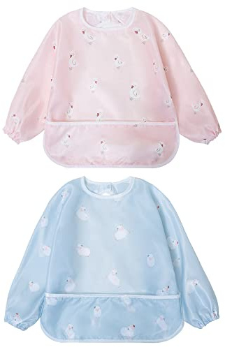 Little Dimsum Lätzchen Baby Lätzchen mit Ärmeln, Wasserdicht Abwaschbar Ärmellätzchen, Baby Bibs Set für Kleinkinder mit Großer Tasche (6-36 Monate) - 2er-Pack