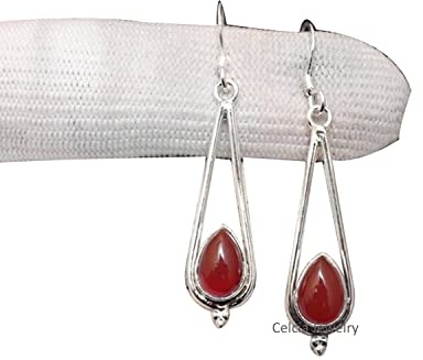 Boucles d'oreilles pendantes en argent sterling 925 massif pour femmes, véritables boucles d'oreilles de créateur artisanales uniques en pierre précieuse de poire d'onyx rouge pour elle