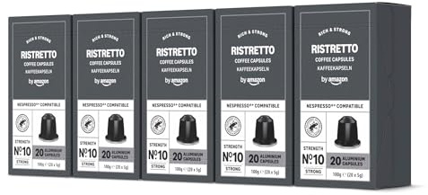 by Amazon Capsules de café en aluminium Ristretto compatibles avec Nespresso, torréfaction moyennement poussée, 100 Pièces, 5 lot de 20 - Certifié Rainforest Alliance