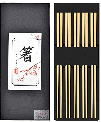 XIAOYU 5 Pairs 304 Stainless Steel Reusable Chopsticks, Square Lightweight Chop Sticks, Dishwasher Safe Metal Chopsticks, 9.25 Inches, Gold