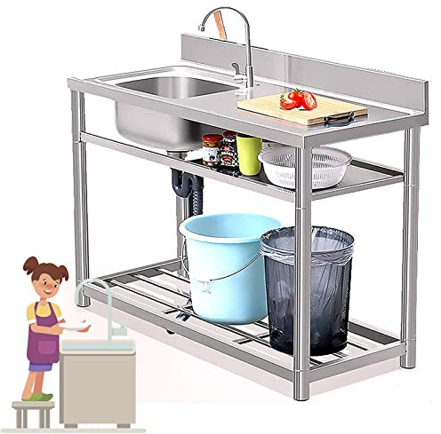 OCAZI Spülbecken Küche Spüle Edelstahl Waschbecken Küche, 304 Küchenspüle Edelstahl Spülbecken Organizer Spülbecken Edelstahl Werkbank 80x50x80cm/31.5x19.7x31.5in Left