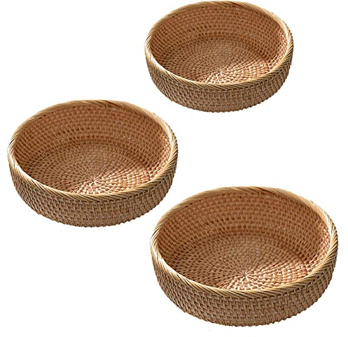 Surakey 3PCS Plateau de Service en Rotin Rond Naturel Paniers à Fruits Corbeille à Pain en Rotin Fruits Et Légumes Panier Panier de Rangement Tressé Assiette de Fruits Décoratif Paniers de Rangement