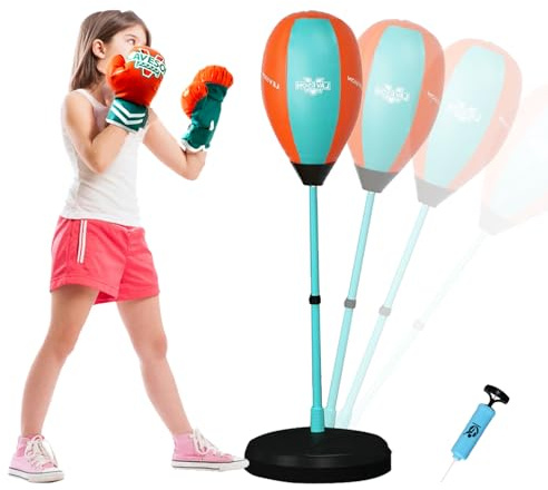 COO11 Punching Bag with Stand for Kids, Adjustable Height 100 to 150cm, Including Boxing Gloves, Pump and Free Standing Punching Bag, Inflatable boxing Sports Toy for Ages 3+