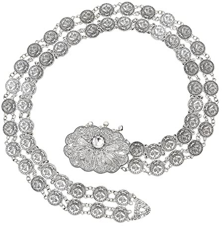 Whoiy Kettengürtel Damen Gothic, Bauch Ketten Silber Versilbert Vintage Geschnitzte Taillenkette Taillenkette 104Cm Körperschmuck Zubehör für Frauen