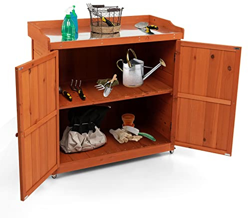GYMAX Armadietto per Attrezzi in Legno di Abete, Rifugio per Attrezzi con 4 Ruote Universali e Ripiano Rimovibile, per Giardino, Cortile, Garage, 98,5x48x100 cm