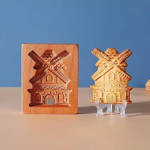 Wooden Cookie Molds,Windmill Cookie Mold,Biscuit Mould Beechwood Reusable Washable Biscuit Press Stamp Mold For Kitchen Baking (Windmill)