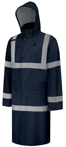 Uno Mejor High Visibility Rain Coat, High Vis Rain Suit for Men Women, Waterproof Rain Jacket with Hood, Class 3 Lightweight Hi Vis Rain Gear for Outdoor Activities& Safety Work, Dark Blue Long, M