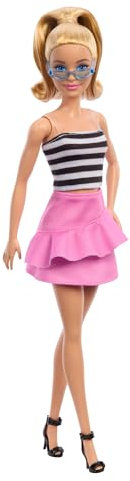 Barbie Fashionistas Puppe Nr. 213, blond mit gestreiftem Oberteil, pinkem Rock und Sonnenbrille, Modepuppe zum Sammeln anlässlich des 65. Jubiläums, HRH11