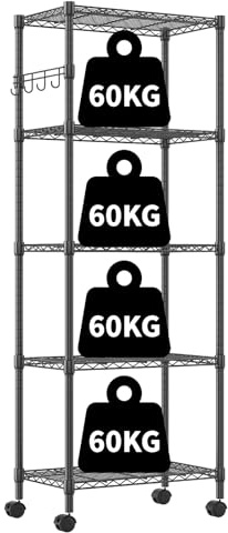Himimi Estantería de 5 Niveles con Ruedas, Estante de Alambre, Estantes de Almacenamiento de Metal, Resistente, Altura Ajustable, Estante Organizador de 59 cmWx 35 cmDx 183 cmH, Negro