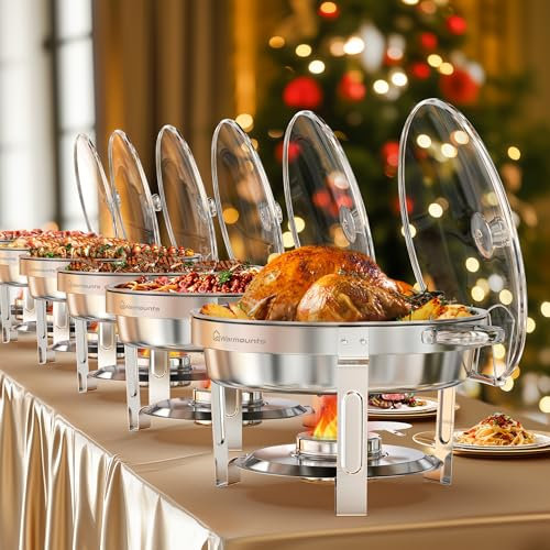 WARMOUNTS Chafing Dish Buffet Set w/Glass Lid & Lid Holder, 5QT 6 Pack Round Chafing Dishes for Buffet, Stainless Steel Chafers and Buffet Warmers Sets for Parties, Events, Wedding, Camping, Dinner