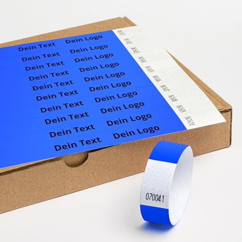 Personalisierbar Einlassbänder aus Tyvek 100 Stück - 19x255 mm Dunkelblau | Mit Aufdruck oder Logo, Events, starke Klebstoffbindung, Antiallergen - Selbstklebend und Wasserdicht Festival Armbänder