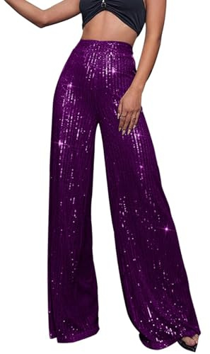 Pailletten Hose Damen Gold-Glitzer Hose Lang Metallic Hose Lang High Waist Baggy Jogginghose Weites Bein Sommerhose Locker Weite Hose Große Größen Paillettenhose Metallic Hosen Büro Pants