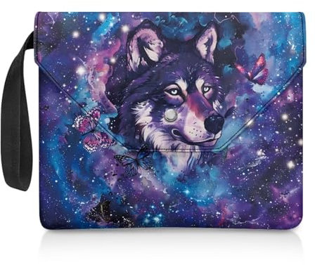 NETILGEN Buchhülle für Leseliebhaber, Geschenke, waschbar, Buchhülle mit gepolstertem Tragegriff, Lesegerät, Geschenk, 30 x 24 cm, Wolf, Schmetterling, Galaxie, Stern