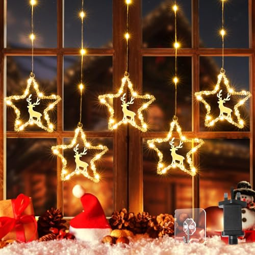 Quntis Christmas Window Lights, 5 Stars 94 LEDs Reindeer Curtain Lights Mains Operated with 8 Modes Timer IP44 Waterproof for Indoor Outdoor Home Bedroom Garden Wedding Xmas Decorations Warm White | Warm White Reindeer Curtain Lights with 8 Modes Timer IP44 Waterproof End to end connectable for Indoor Outdoor Bedroom Xmas