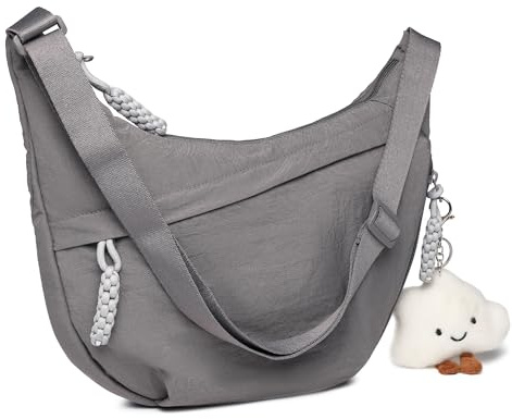 Micmores Crossbody Bag Damen Umhängetasche, Nylon Schultertasche Moon Bag Stylische Halbmond Tasche mit verstellbarer Schultergurt, Hobo Casual Handtasche (Grau)