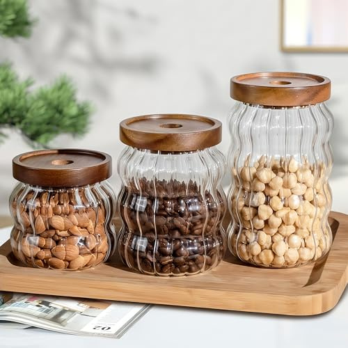 Förvaringsbehållare i glas med trälock, lufttät glasburk köksförvaringsbehållare med akacia trälock, set med 3 sockerbehållare för godis, flingor, mellanmål, te, ris, kaffebönor, krydda (randig)