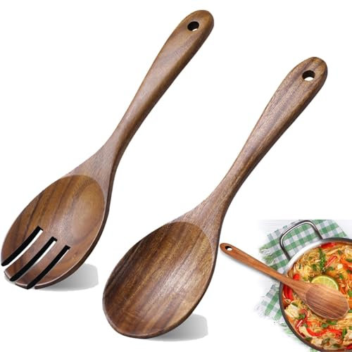 Wooden Salad Servers Set, 2 Pieces - 10.2 X 2.8 Inches, Dinner Fork and Spoon, Tongs, Serving Spoons for Kitchen Cooking Utensil Cutlery Set