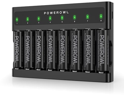 POWEROWL AA Rechargeable Batteries with Charger, 8 Slots Battery Charger (FY-828), Independent Slot, USB Fast Charging for Ni-MH Rechargeable Batteries