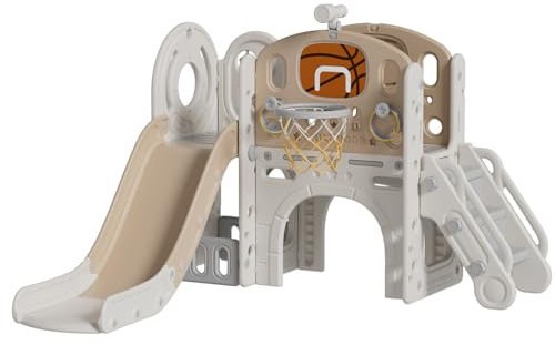 FUKEA Castle Kids Slide, Toddler Large Slide Playground Outdoor Indoor, Garden Slide Climbing Frame with Storage Box, Basketball Hoop, Crawl Tunnel, Multi-function Slide for Toddlers age 1-3(Beige)