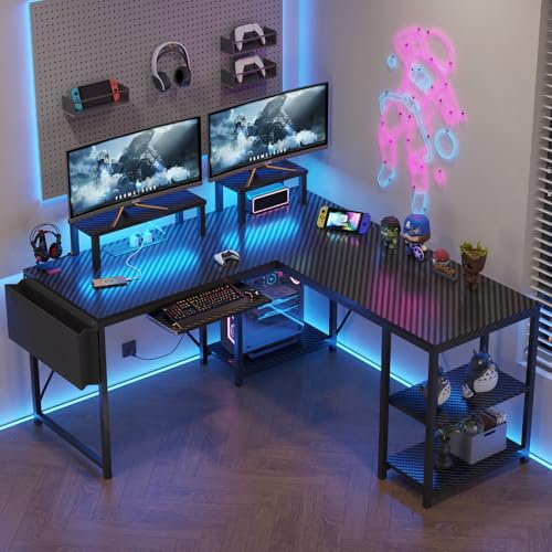 Flamaker L Shaped Gaming Desk with Led Lights＆Power Outlet,140 x 140 cm Corner Gaming Desk for Home Office,Reversible Computer Desk with Monitor Stand & Storage Shelve
